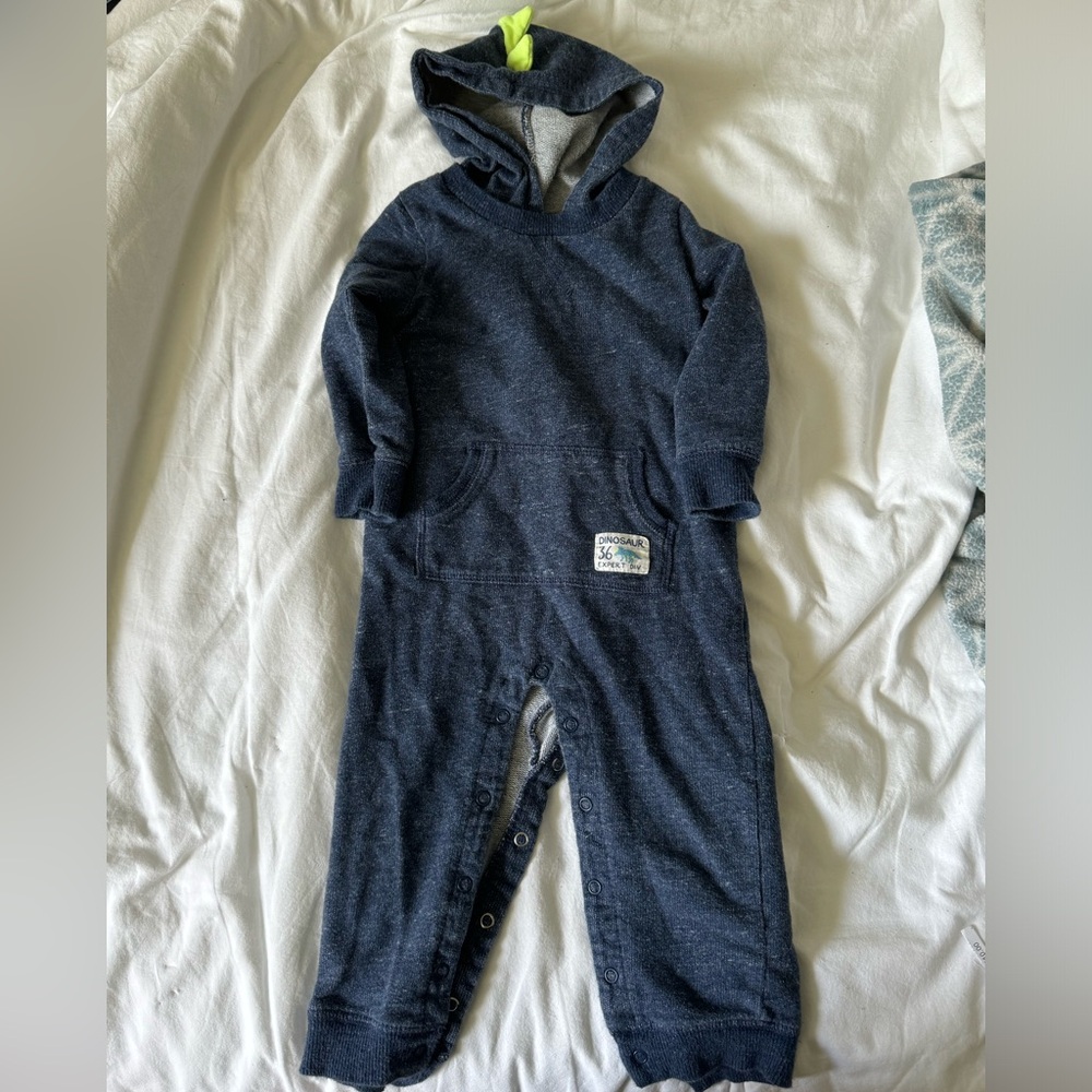 Carters dinosaur hooded, long sleeve onesie, 18 month, blue